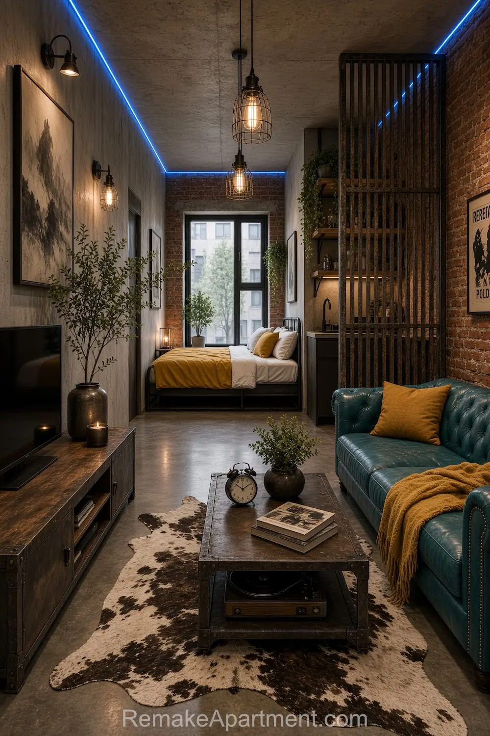 Industrial Loft Studio Apartment with Brick wall, Turquoise Leather Sofa, Cowhide Rug