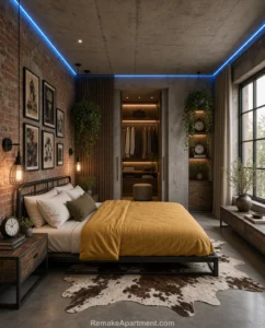 Industrial-Chic Apartment with Warm Ochre Accents, Textured Elements, Ambient Neon Lights
