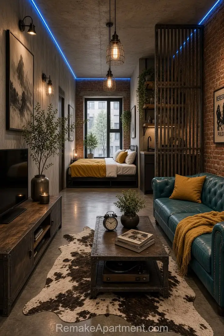Industrial Loft Studio Apartment with Brick wall, Turquoise Chesterfield Sofa, Cowhide Rug