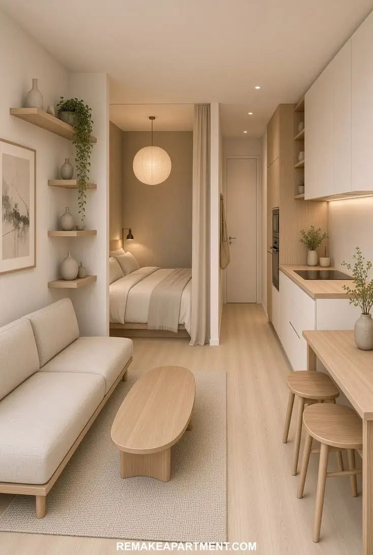 Japandi studio with compact lightwood minimalistic bedroom nook with kitchenette Japandi studio with compact lightwood minimalistic bedroom nook with kitchenette