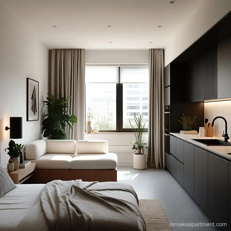 Japandi style studio room with large kitchen