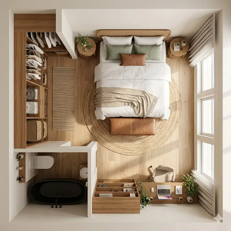Modern Japandi-style studio apartment (wood, light green, black)