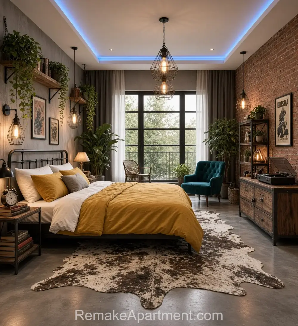 Industrial Haven Loft With Amber Mustard Botanical, Cowhide Rug and Brick Accents