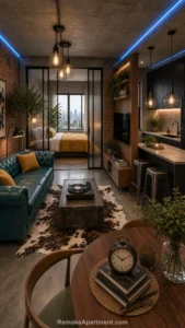 Industrial Studio Apartment Teal Sofa With Brick Walls, Glass Divider, Blue LED Ceiling