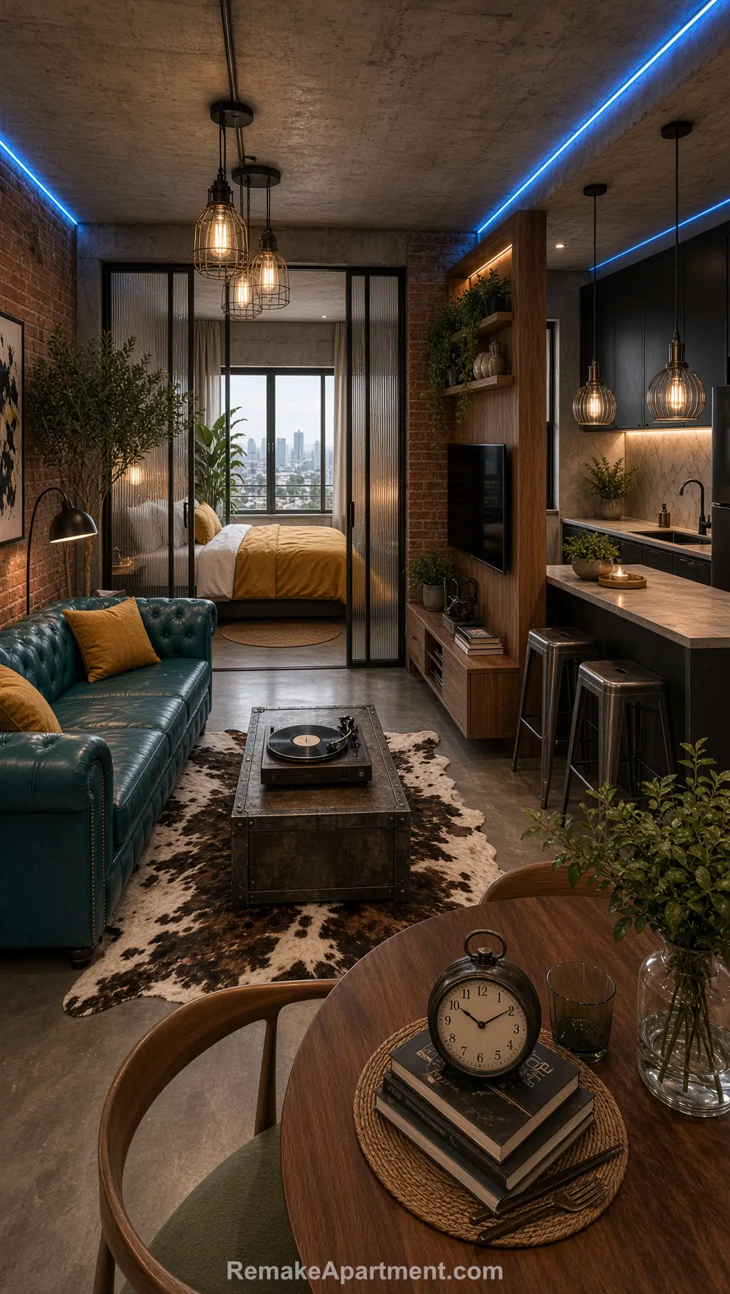 Industrial Studio Apartment Teal Sofa With Brick Walls, Glass Divider, Blue LED Ceiling