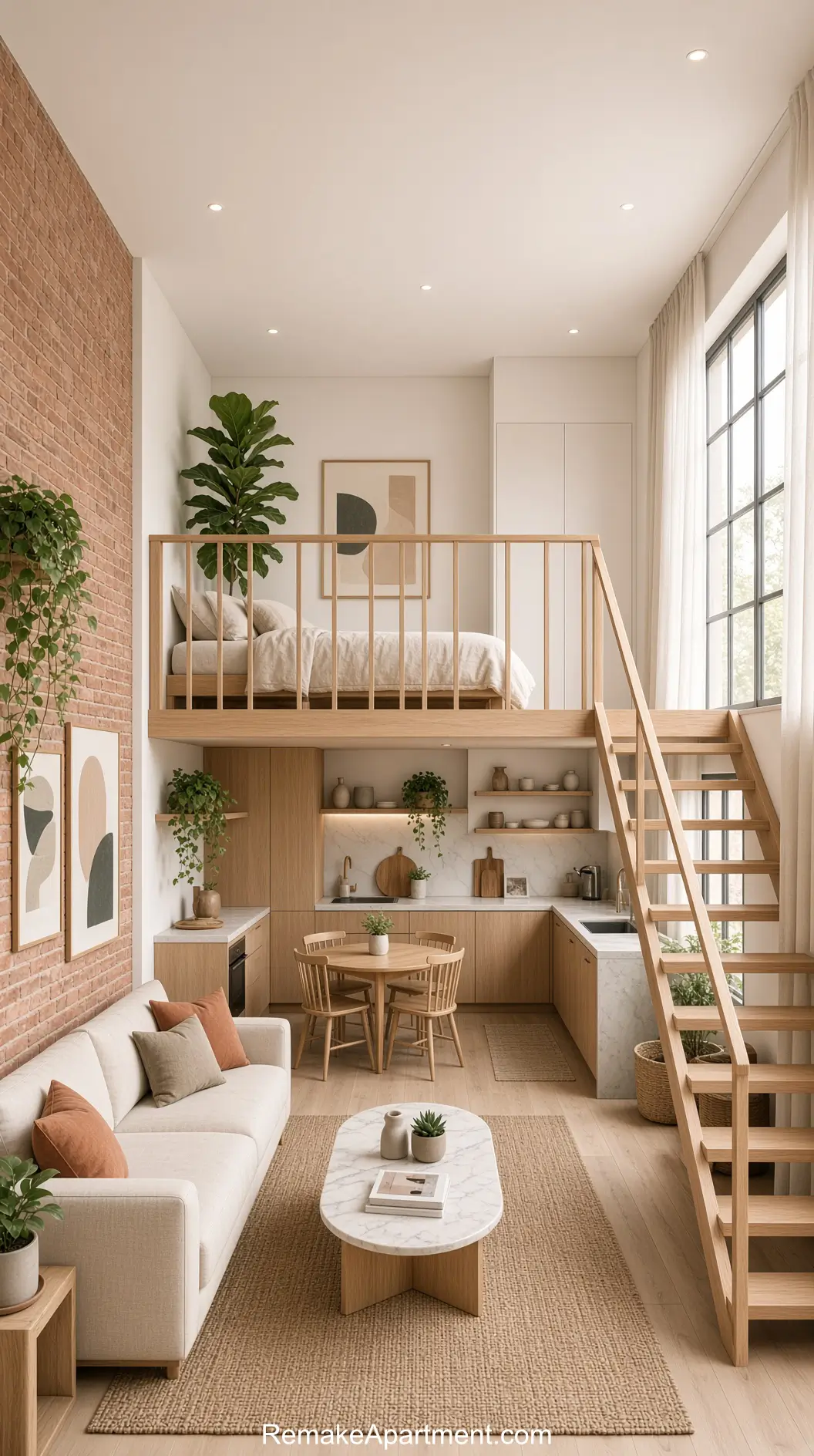 Japandi-style minimalist micro-loft warm wood accents, earthy decor, space-saving mezzanine