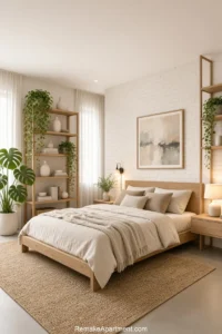 A serene Japandi-style bedroom blending minimalist wooden furniture with warm neutral textiles and natural greenery