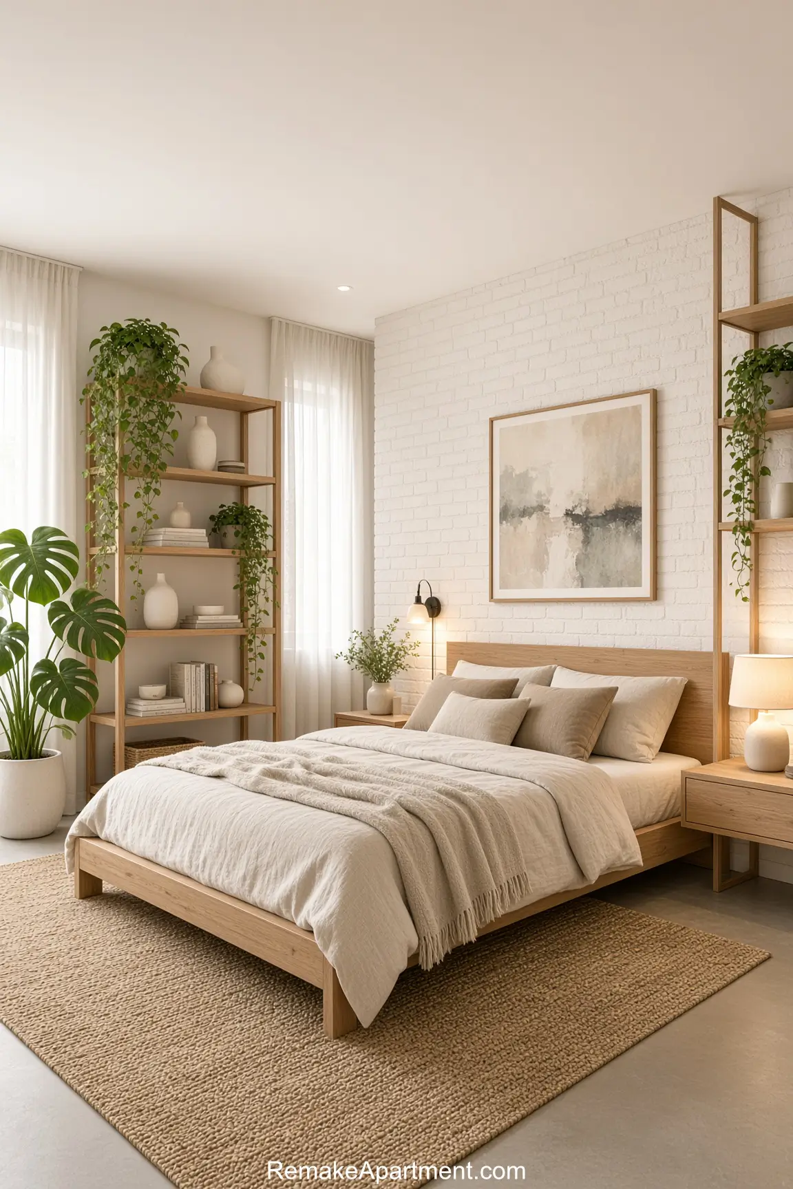 A serene Japandi-style bedroom blending minimalist wooden furniture with warm neutral textiles and natural greenery